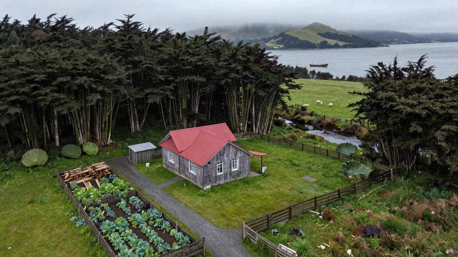 Vista aérea de una parcela en Chiloé: casa de tejuelas con techo rojo, huerta, bosque nativo y el canal al fondo con niebla.